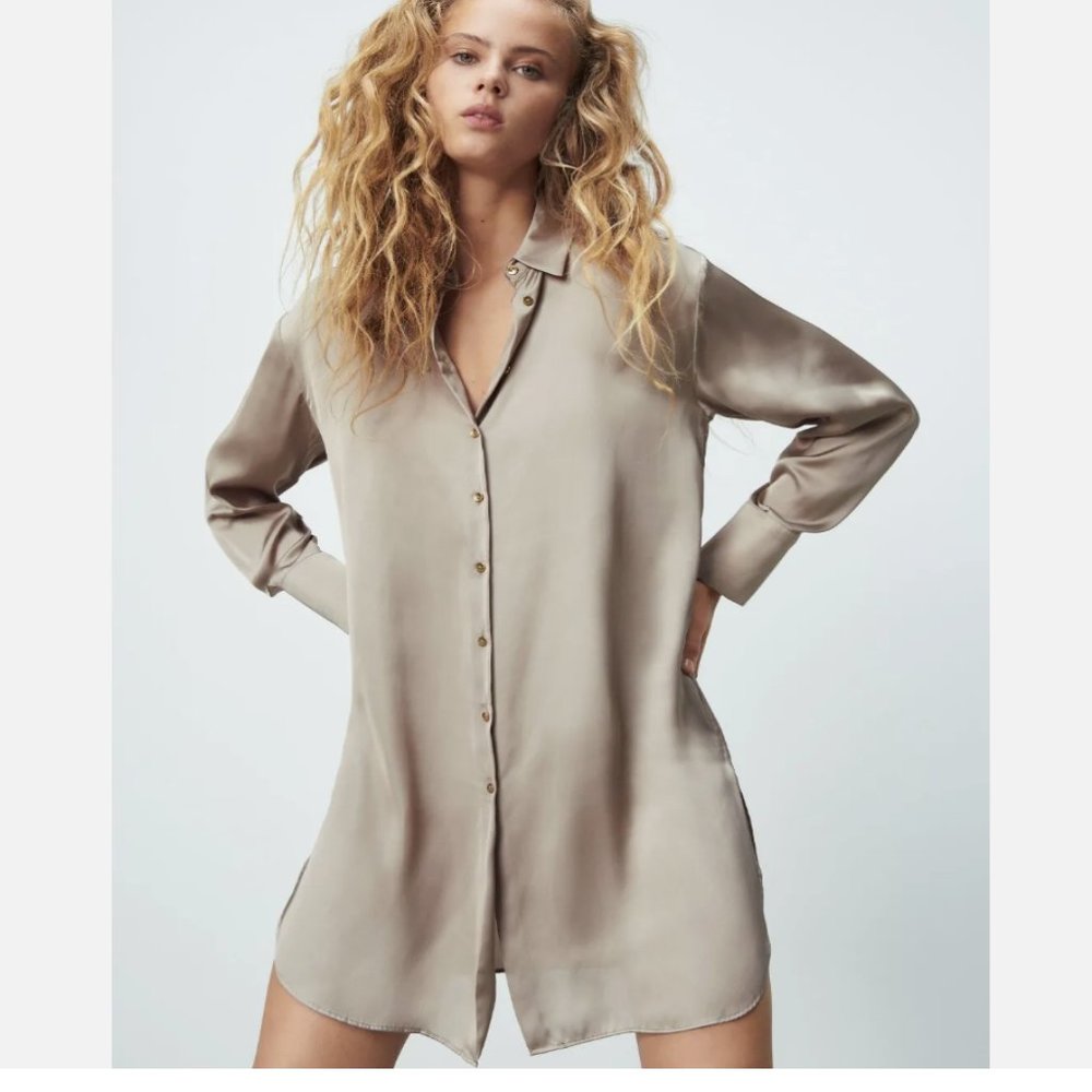 ZARA LONG SATIN SHIRT Mini Collar Tan Oversized Dress NWT Medium